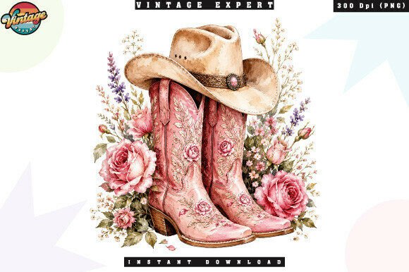 Download Pink Floral Cowgirl Boots and Hat PNG - Cowgirl Collection